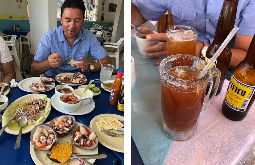 Chilled Mexican seafood; clam broth is often added to beer, in the form of Clamato micheladas.