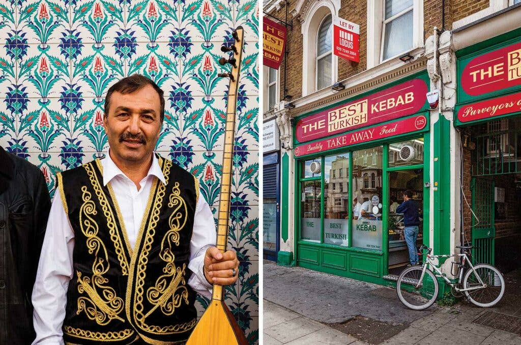 Man dressed in Turkish wardrobe in London's Little Istanbul and a grill house on the corner.
