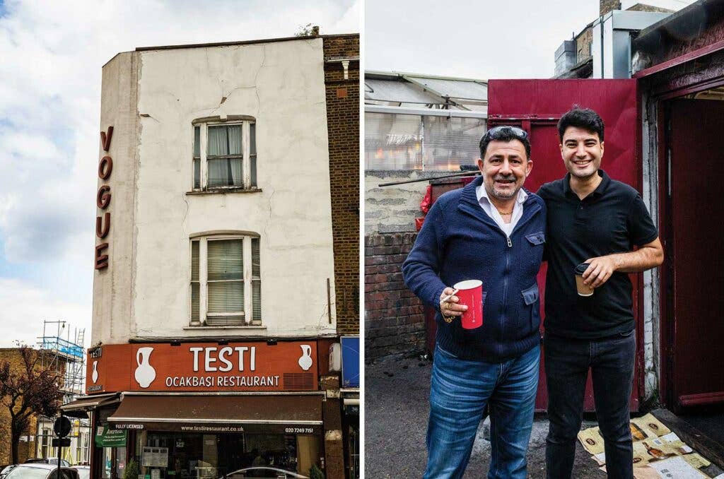 The exterior of Testi restaurant and Ferhat Dirrik of Mangal II with a cousin.