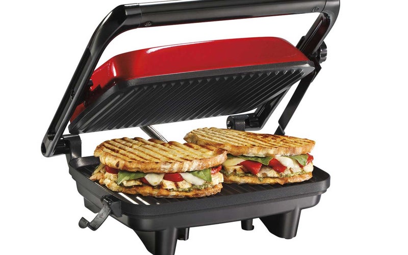Hamilton Beach Electric Panini Press Grill With Locking Lid, Opens 180 Degrees For Any Sandwich Thickness, Nonstick 8" X 10" Grids, Red