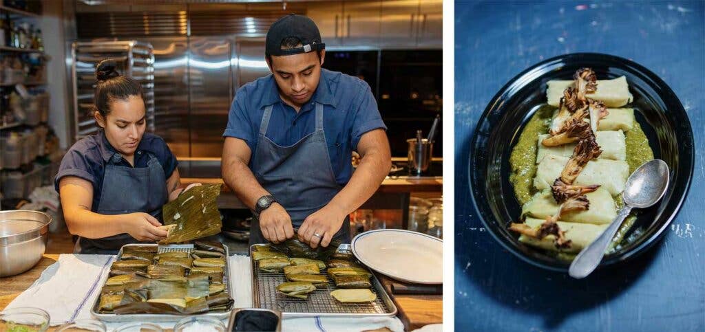Brito and fellow Cosme chef Josue A. Sanchez work on Sanchez’s smoked mushroom tamales with salsa verde.