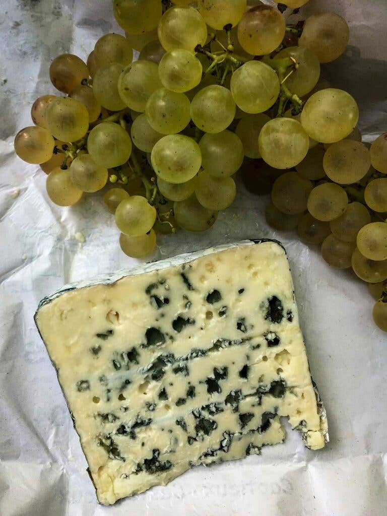 Jewel-like muscat grapes and Roquefort cheese.