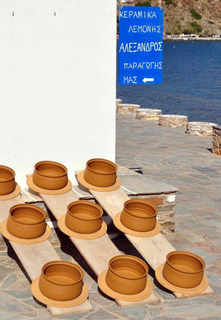 Pots dry in the sun in the town of Platis Gialos