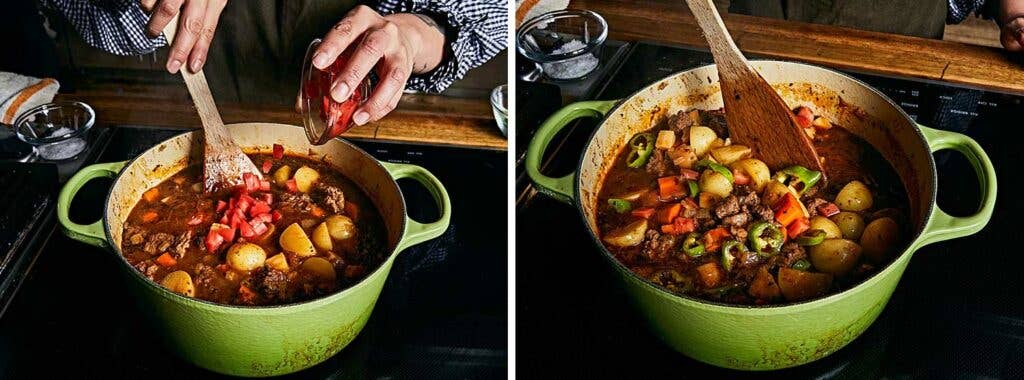 Tomatoes and Italian peppers make a bright addition to the stew.