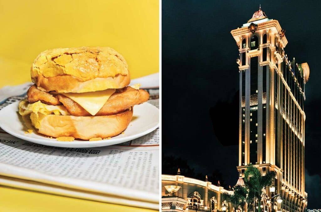 A classic Macanese pork bun; the Galaxy Macau casino resort.