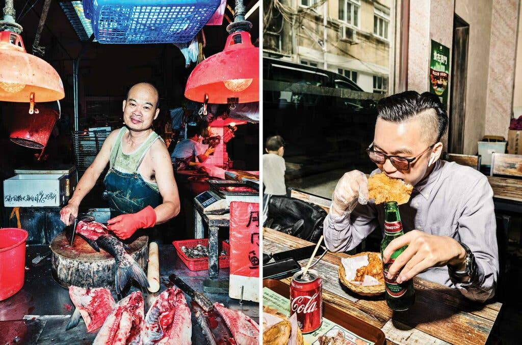 A fishmonger at work; a plastic glove helps keep things tidy when eating fried chicken.