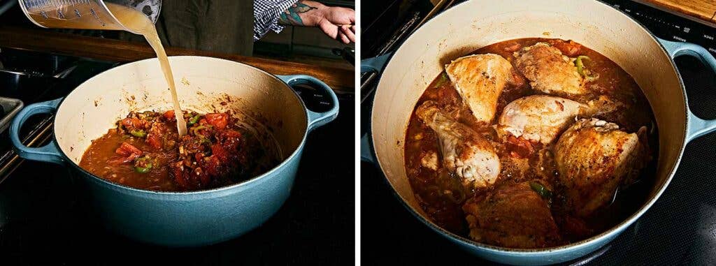 Adding paprika, vegetables, and broth, then nestling chicken back into the pot.