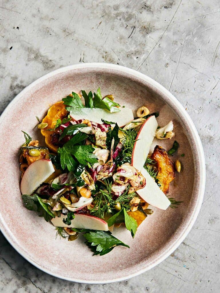 Fall squash salad with burrata and hazelnuts.