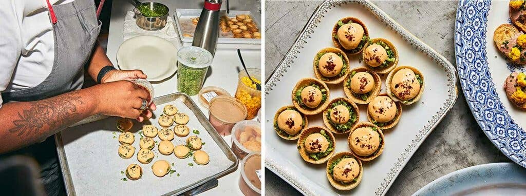 Ettarh puts the finishing touches on one of the canapés: broccoli tartlets with pimento cheese.