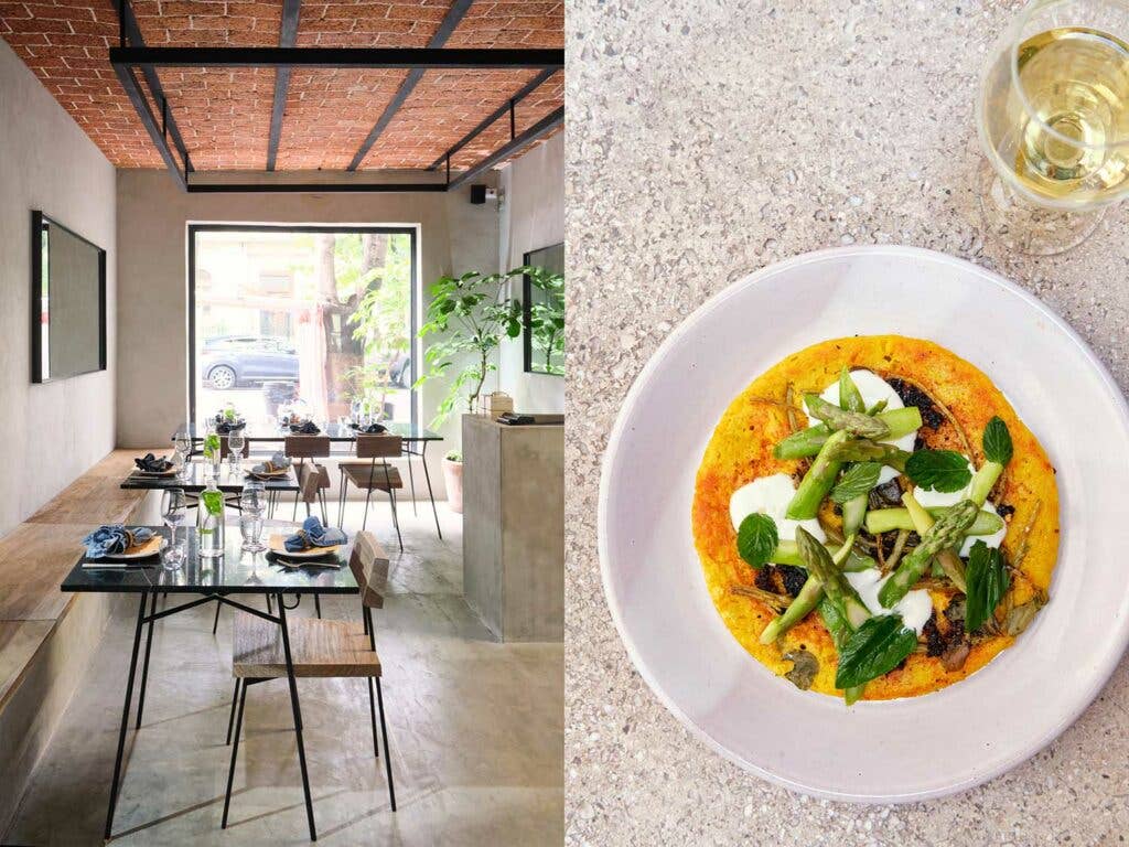 Masala y Maiz dining room and Uttapam, made from fermented rice, garbanzo and nixtamalized corn.