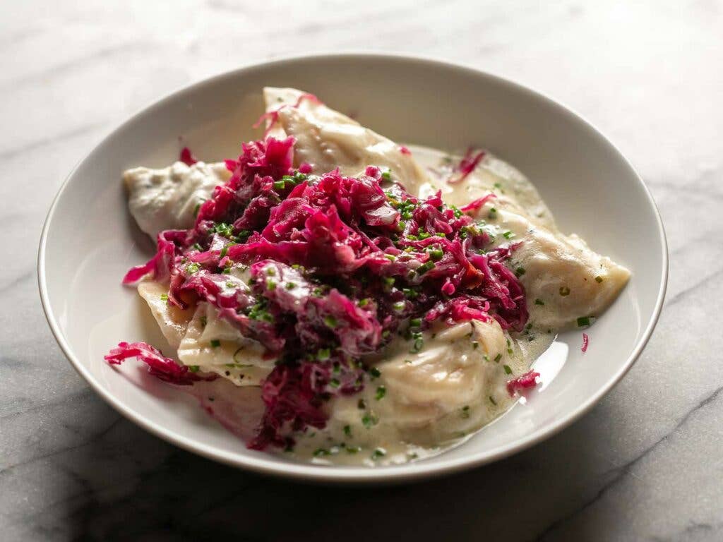 Ofuni and sweet potato pierogies with red cabbage sauerkraut and a sour cream-buttermilk glaze.