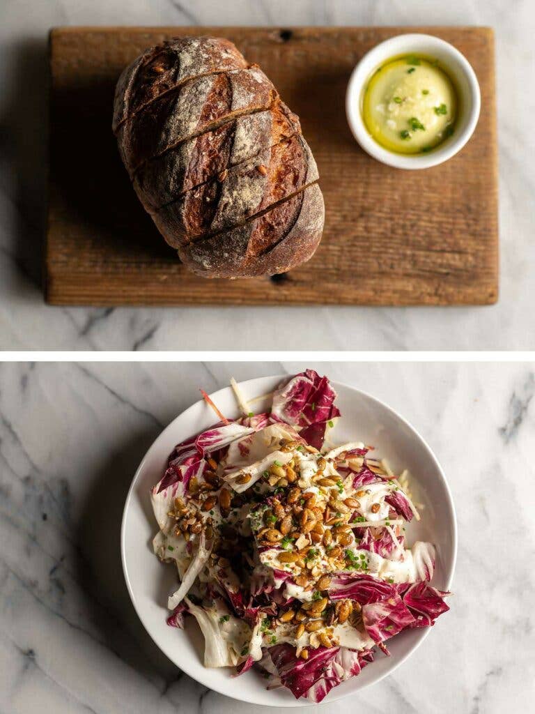 Emmer sourdough and radicchio salad with preserved lemon ranch dressing.