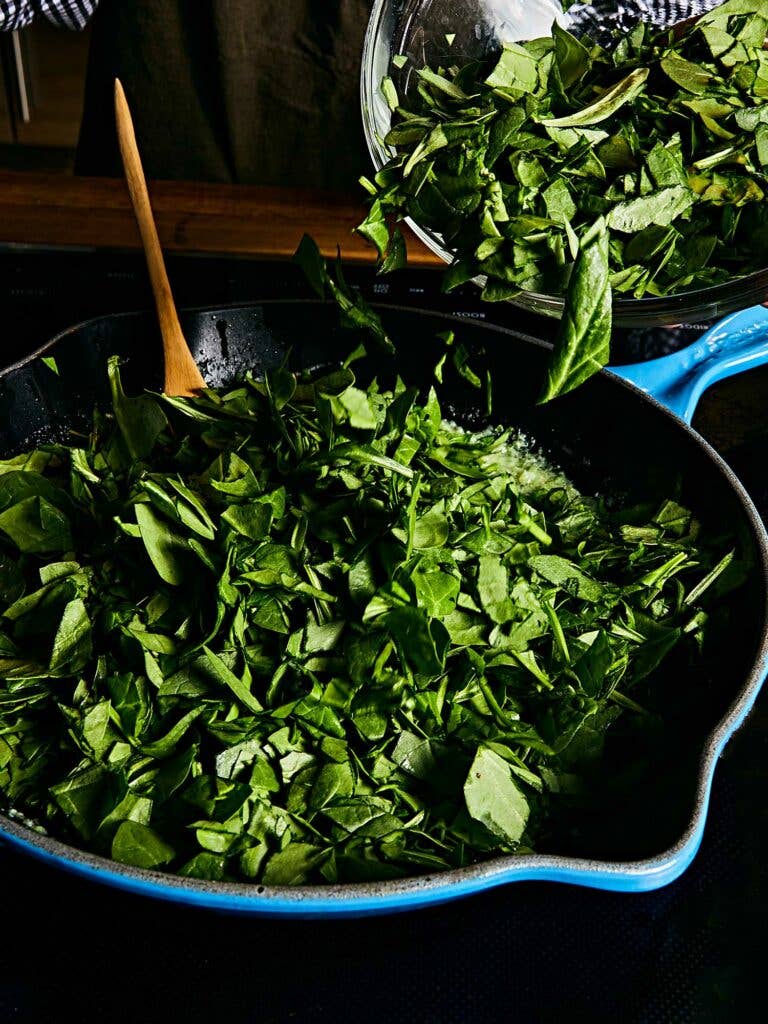 Spinach cooks in a flash once added to the pan.