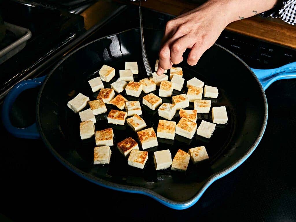 You can also use store-bought paneer, which will be much firmer, as pictured above. Either way, get your cheese nice and brown.