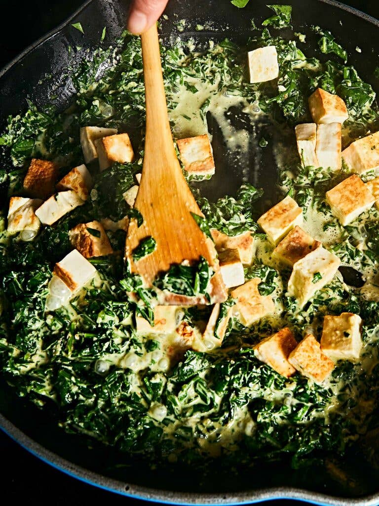 Spiced with garam masala and cayenne, creamy spinach is the ideal partner for seared paneer.