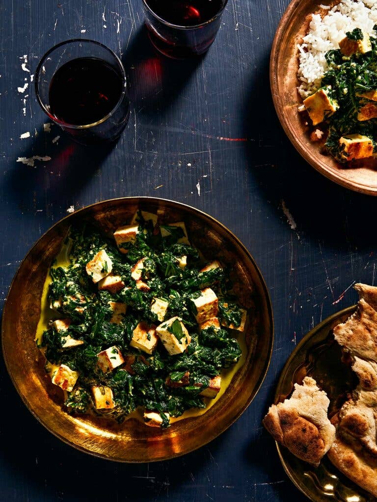 Serve saag paneer with rice, flatbread, or both.