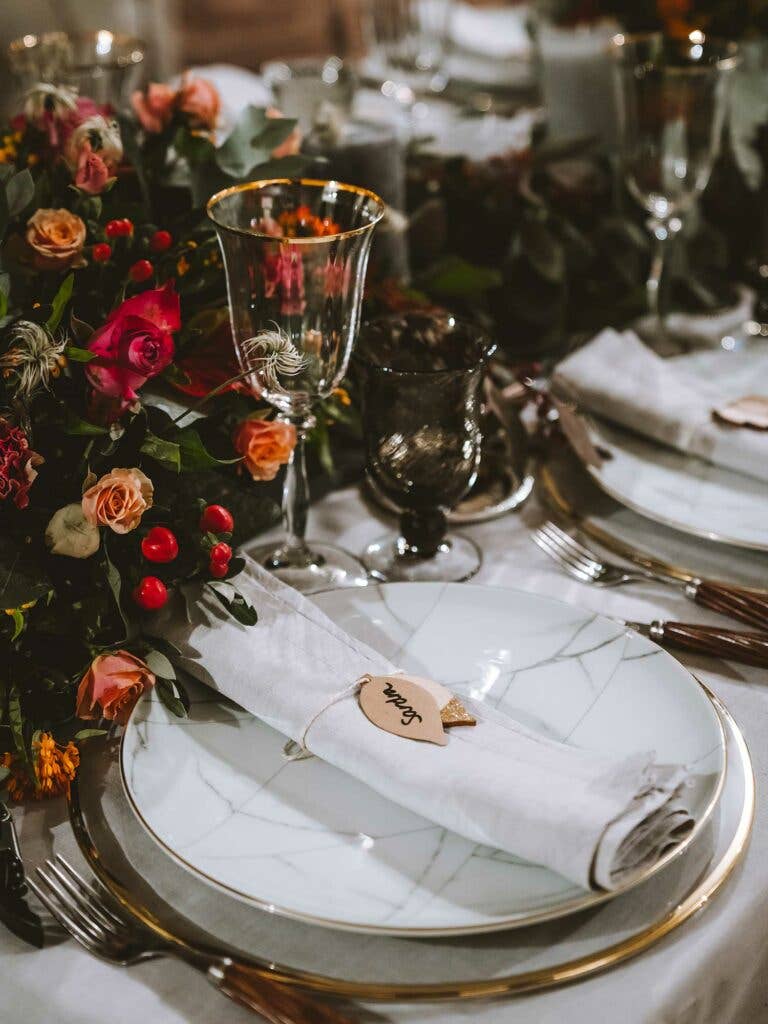 Table decorated with holiday decorations.