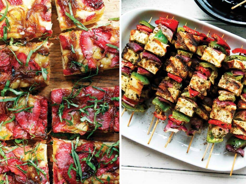 Strawberry Focaccia with Maple-Balsamic Onions and Paneer Tikka Kebabs