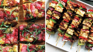Strawberry Focaccia with Maple-Balsamic Onions and Paneer Tikka Kebabs