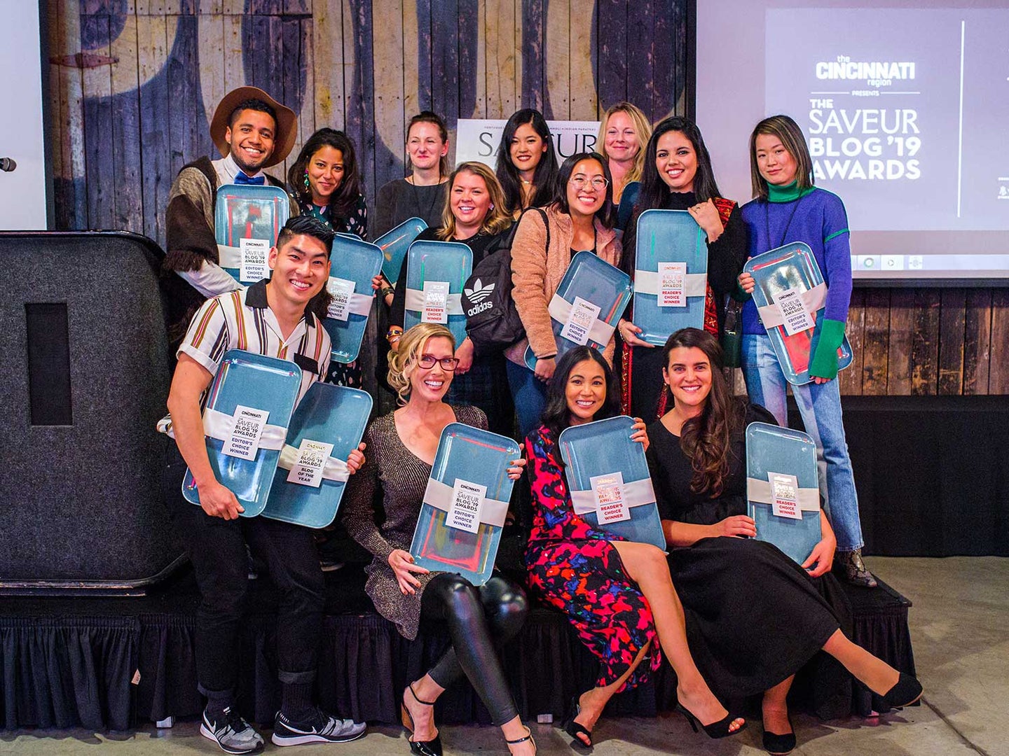 Some of the SAVEUR Blog Award Winners (front row, from left) Frankie Gaw of Little Fat Boy, Farrell Monaco of Tavola Mediterranea, Hannah Dela Cruz of Make it Dough, Bella Karragiannidis of Ful-Filled;Back row, from left: Bryan Ford of Artisan Bryan, Jaughna Nielsen-Babbit of To What Place , Anna Chwistek of Serving Dumplings, Kate Bowler of Domestikated Life, Erika Kwee of The Pancake Princess, Emily TK of A Short Girl’s Feast, Heifa TK of Fufu's Kitchen, Maggie Zhu of Omnivore’s Cookbook. Each received a tray from Rookwood Pottery, a world-renowned ceramics studio in Cincinnati’s Over-the-Rhine neighborhood.