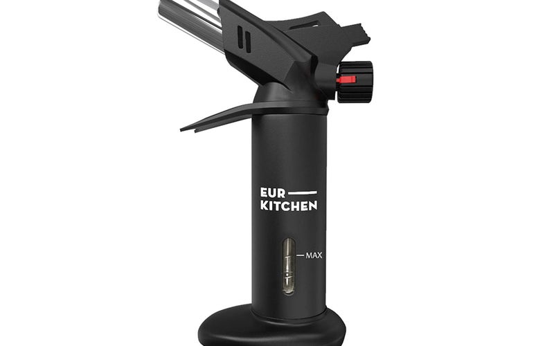 EurKitchen Culinary Cooking Butane Torch - Fuel Not Included - Refillable Food Butane Blow Torch To Perfectly Sear Steak, Fish - Creme Brulee Torch with Finger Guard and Gas Gauge
