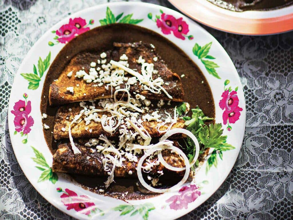 Enmoladas with Oaxacan Black Mole Sauce (Mole Negro)