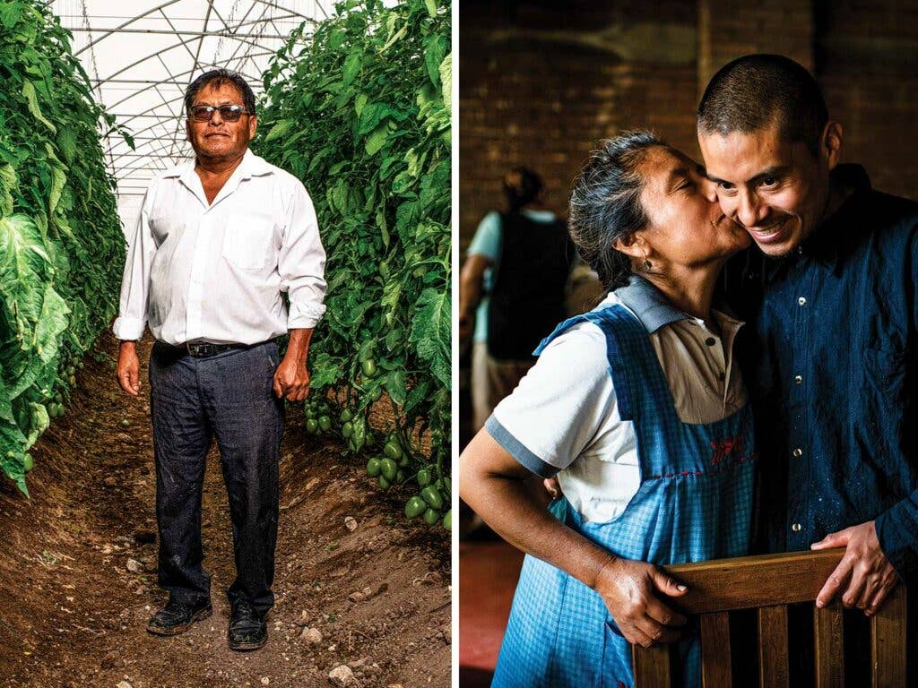 Tomato grower José Melchor Pérez founded a farm partnership that employs more than 800 locals; Elvia León Hernández (left) and her son Jorge León run the eatery Alfonsina out of their home’s kitchen.