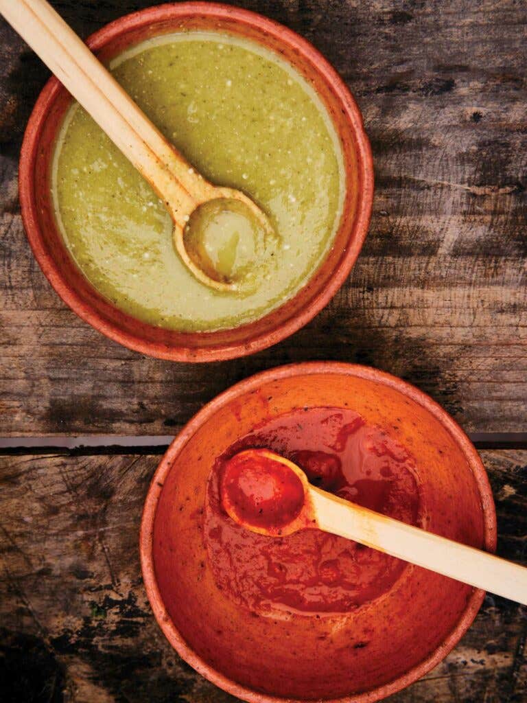 Tomatillo and Serrano Chile Salsa and Tomato, Guajilo, and Ancho Chile Salsa