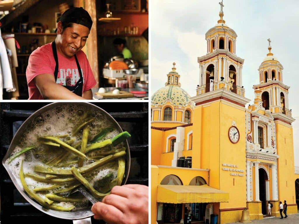 Clockwise from top left: Ricardo Peréz preps food in the Milli kitchen; the iconic Iglesia de Nuestra Señora de las Remedios sits atop the Tlachihualtepetl pyramid; boiling nopales at Milli.