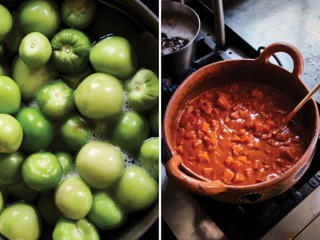 Tomatillos destined for green salsa; a ceramic pot of mole.