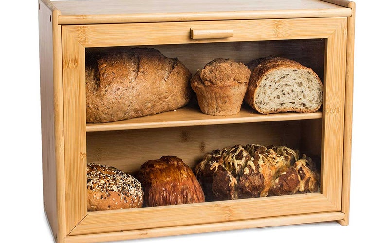 LAURA'S GREEN KITCHEN Large Double Layer Bread Box: Bamboo BreadBox w/Clear Window-Farmhouse Style Bread Holder for Kitchen Countertop - Rustic Bread Storage Bin Holds 2 Loaves (Self-Assembly)