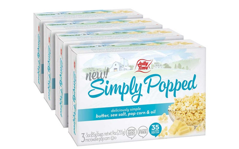 JOLLY TIME Simply Popped | Natural Microwave Popcorn with Ghee Clarified Butter, Sea Salt, Palm Oil and Non-GMO Pop Corn Kernels (3-Count Box, Pack of 4)