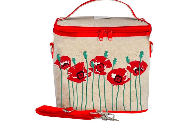 SoYoung Large Cooler Bag - Adult Lunch, Raw Linen, Eco-Friendly, Retro and Easy to Clean - Red Poppy