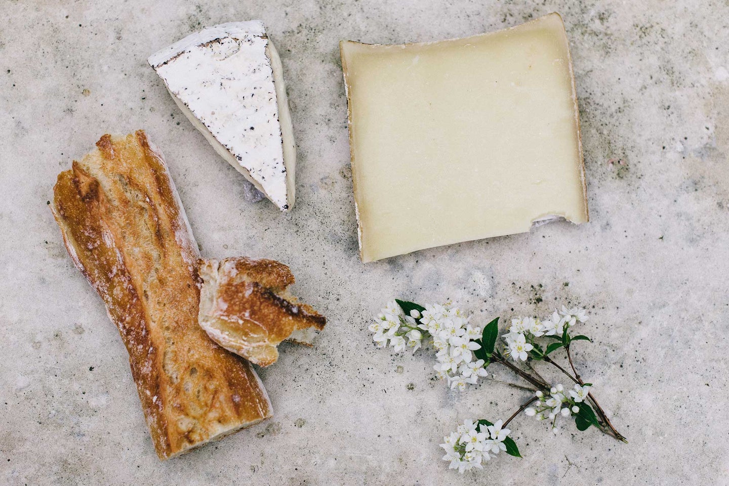 Beautiful cheeses and a crusty loaf of bread