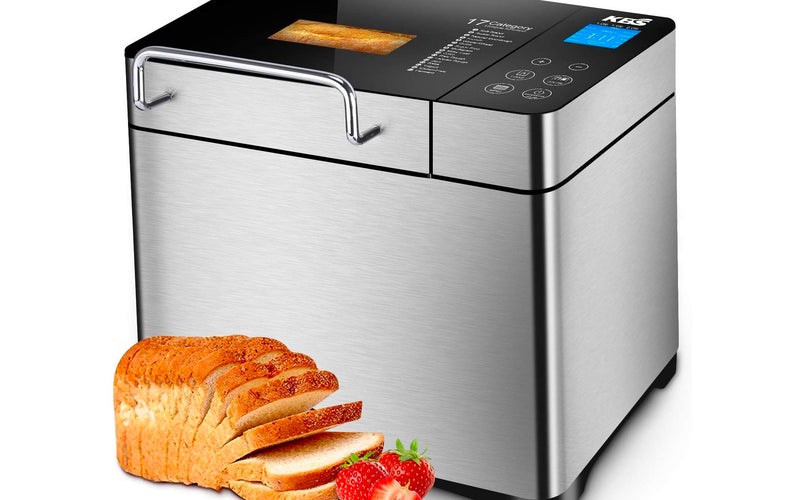 KBS Automatic Bread Machine, 2.2LB Stainless Steel Bread Maker with Fruit Nut Dispenser, Ceramic Pan, Smart Touch Button, 17 Programs, 3 Loaf Sizes, 3 Crust...