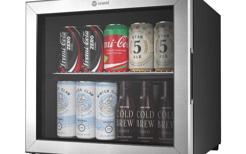 Vremi 1.7 Cubic Feet Beverage Cooler - Double Layered Glass Door Mini Fridge for Can Drinks - with Adjustable Shelves and User Friendly Temperature Knob - Modern Cooling Machine for Home Office Dorm