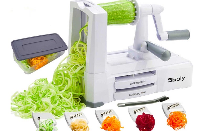 Vegetable Spiralizer Vegetable Slicer with 5 Blades, Zucchini Spaghetti Maker Zoodle Maker Veggie Pasta Maker, Strongest and Heaviest Duty Mandoline Slicer with Container, Lid, Brush