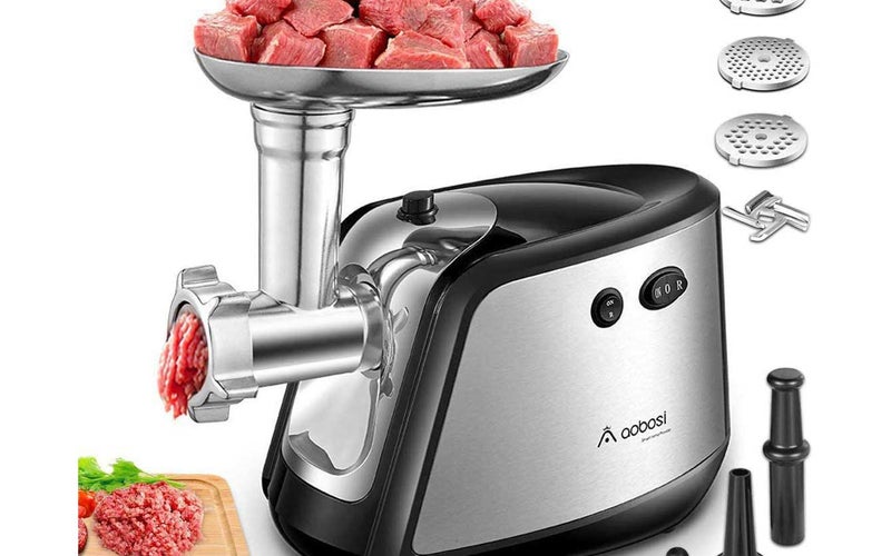 Electric Meat Grinder, Aobosi 3-IN-1 Meat Mincer & Sausage Stuffer, Sausage & Kubbe Kits Included, 3 Grinding Plates, Dual Safety Switch, Stainless Steel Housing