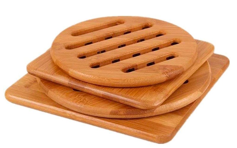 Alfto Hot Pads Trivet,Table Solid Bamboo Wood Trivets for Hot Dishes and Pot with Non-slip Pads Heat Resistant Pads Teapot Trivet 4pcs(Multi Size,2 Square 2 Round)