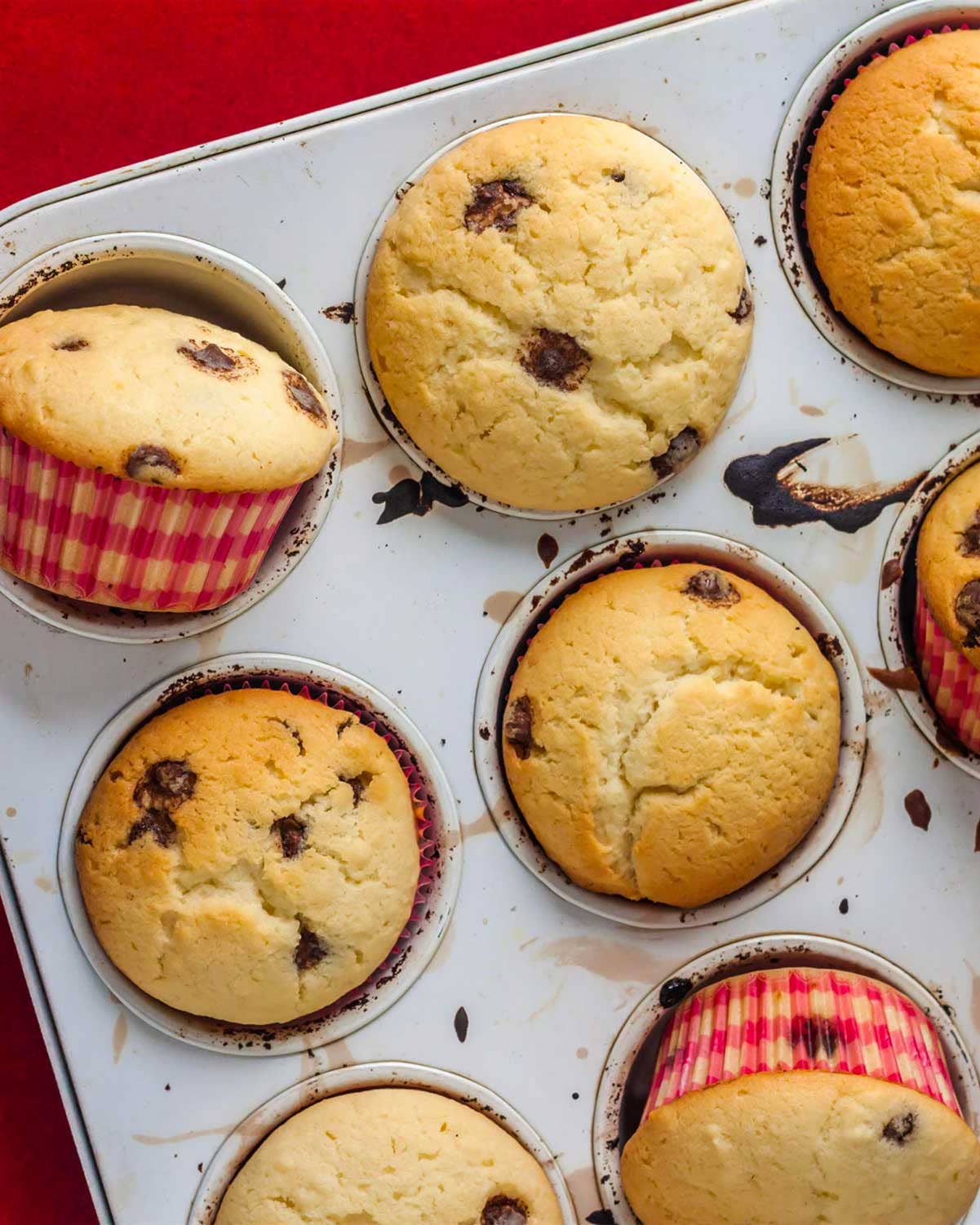 Muffins on a red tablecloth