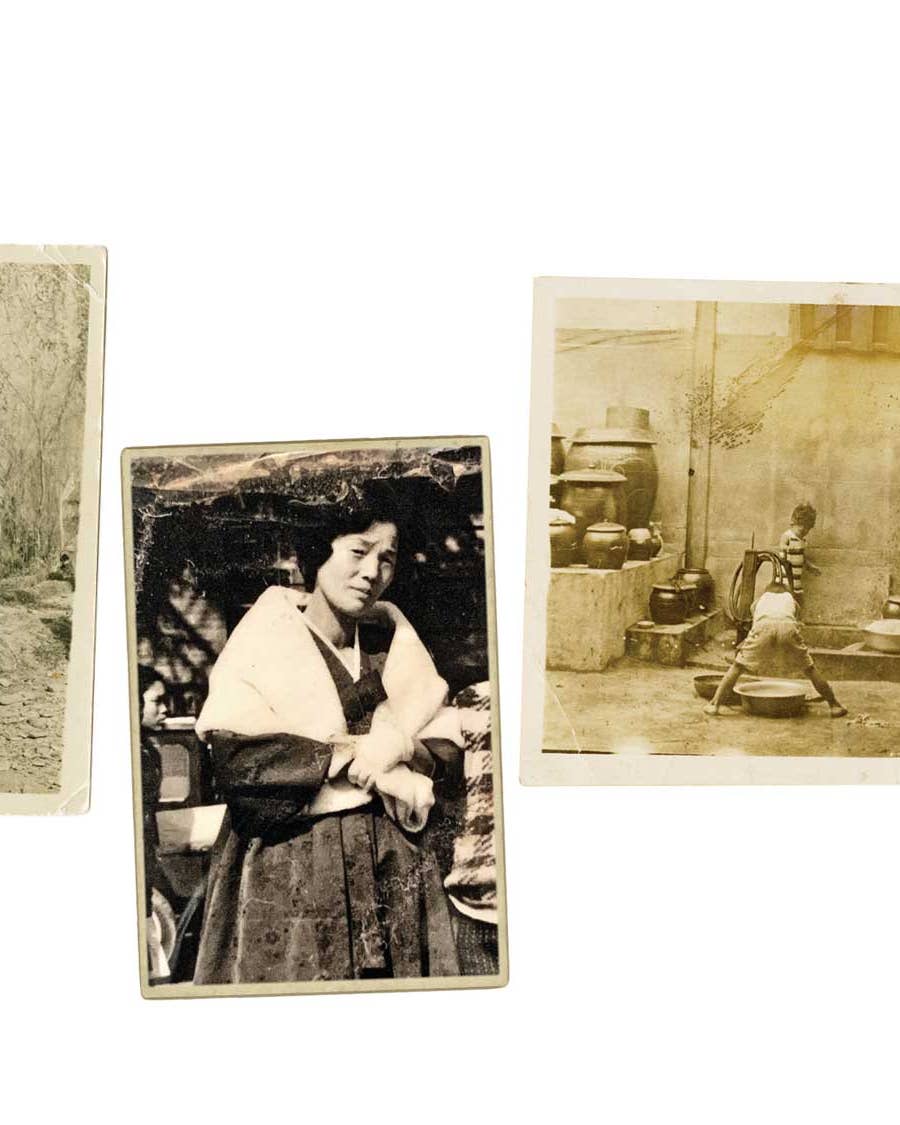Author Eric Kim’s mother, Jean (left) with her two older sisters in Jeonju, Korea, in the 1960s; Jean’s mother, Gesun Kim, photographed around the same time; Kim’s father, Ki (in striped shirt), outside his family’s Seoul home in the late 1950s.