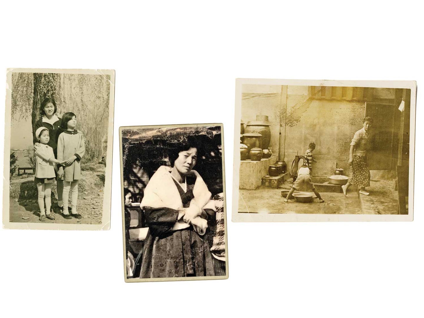 Author Eric Kim’s mother, Jean (left) with her two older sisters in Jeonju, Korea, in the 1960s; Jean’s mother, Gesun Kim, photographed around the same time; Kim’s father, Ki (in striped shirt), outside his family’s Seoul home in the late 1950s.