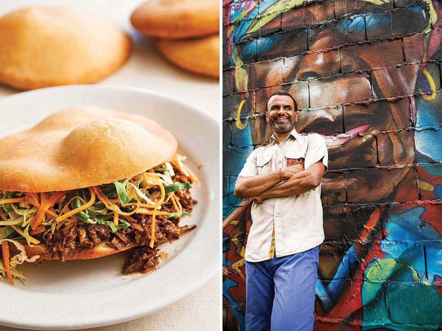 The slow-cooked pork bokit; Chef David Drumeaux outside his Pointe-à-Pitre restaurant, Bokit ­Delux.