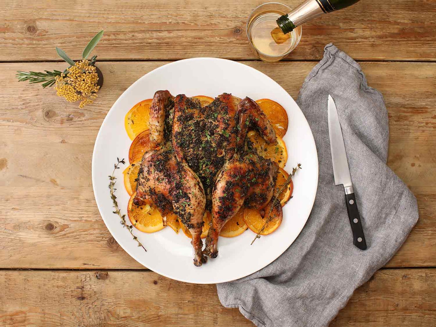 Orange- and Herb-Roasted Spatchcock Chicken