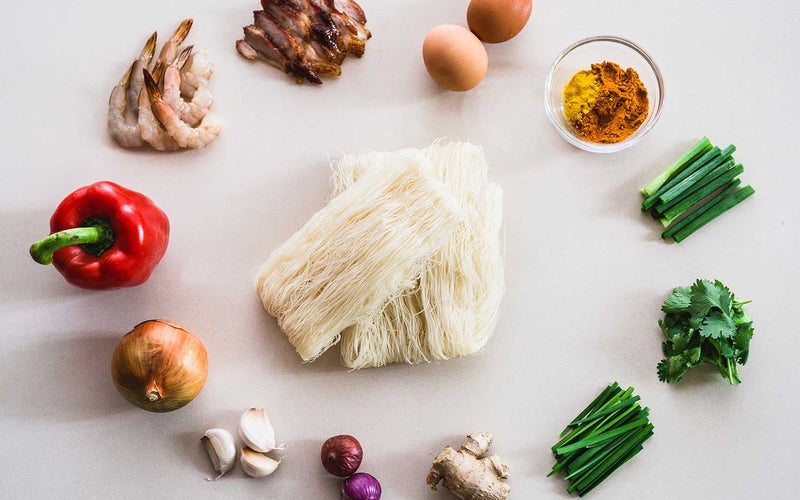 Rice vermicelli and other ingredients for Singapore Noodles.