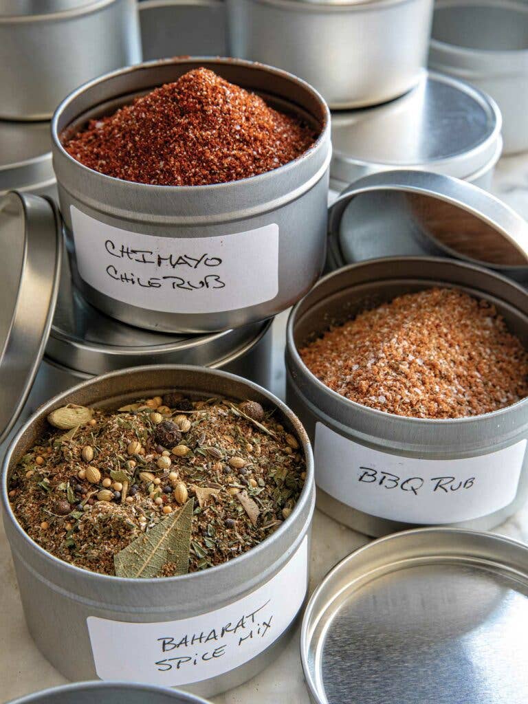 Each of these rub recipes yield enough to fill one 6-ounce tin ($30.72 for 24; papermart.com). Add a 1-inch-by-11⁄2-inch label ($16.80 for 100; papermart. com) and you're all set.