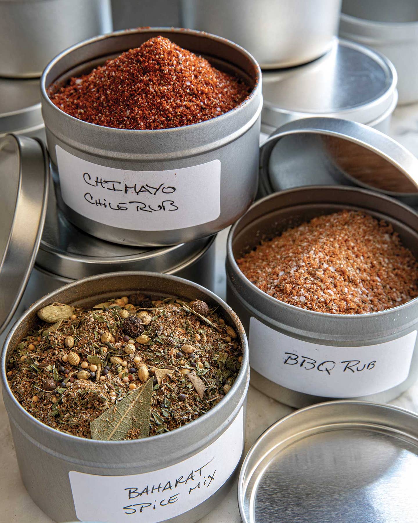 Each of these rub recipes yield enough to fill one 6-ounce tin ($30.72 for 24; papermart.com). Add a 1-inch-by-11⁄2-inch label ($16.80 for 100; papermart. com) and you're all set.