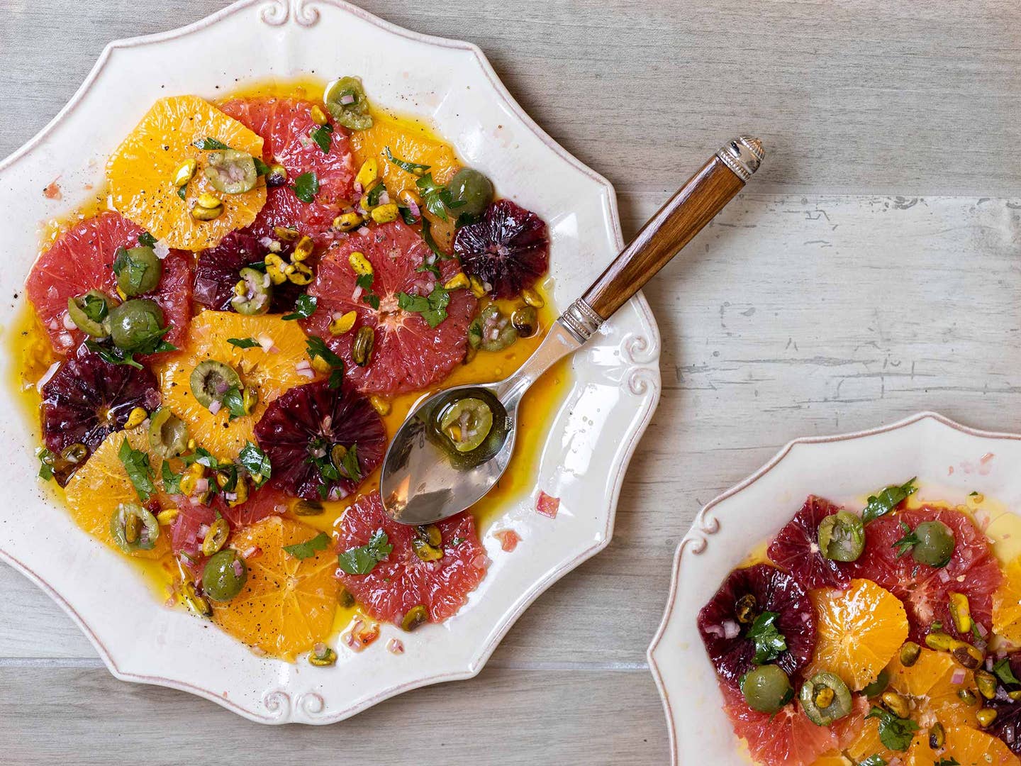 Winter citrus salad with olive oil, and briny Castelvetrano olives