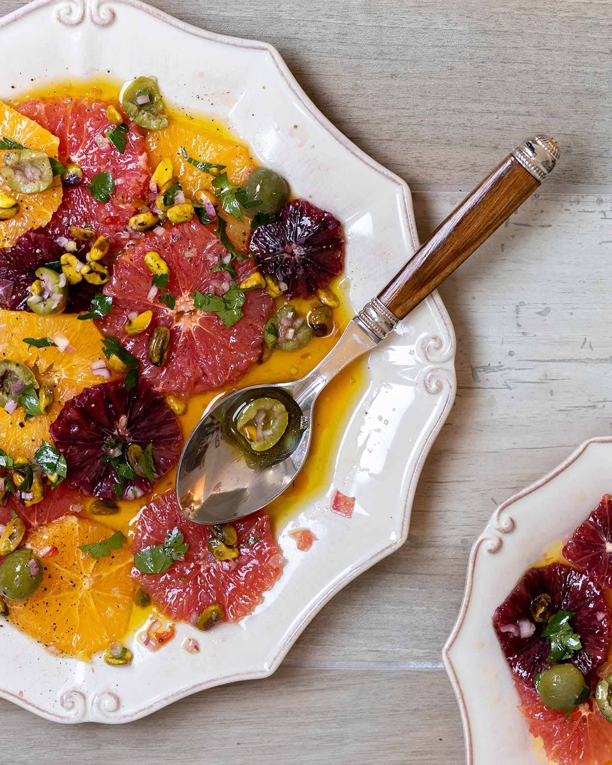 Winter citrus salad with olive oil, and briny Castelvetrano olives