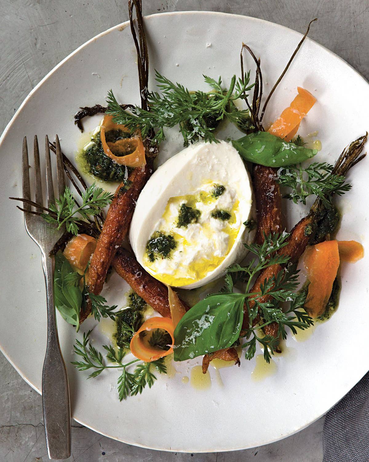 Roasted Carrots with Carrot-Top Pesto and Burrata